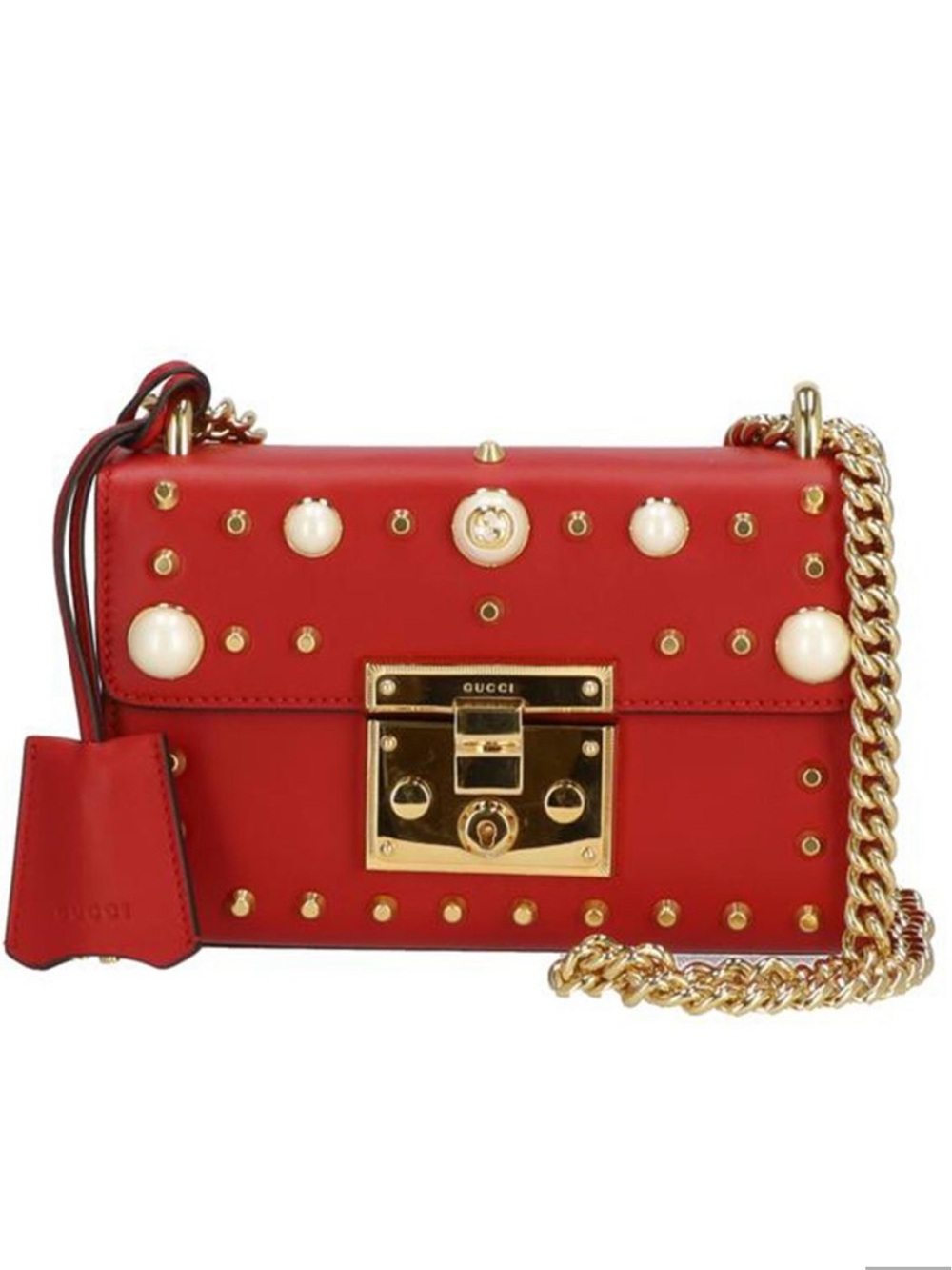 Gucci Red Leather padlock Pearl-Embellished Chain Crossbody Bag, dust bag,COA